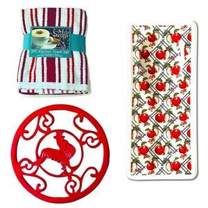 RED Kitchen Set 3 Kitchen Towels Rooster Trivet Floral Spoon Rest
